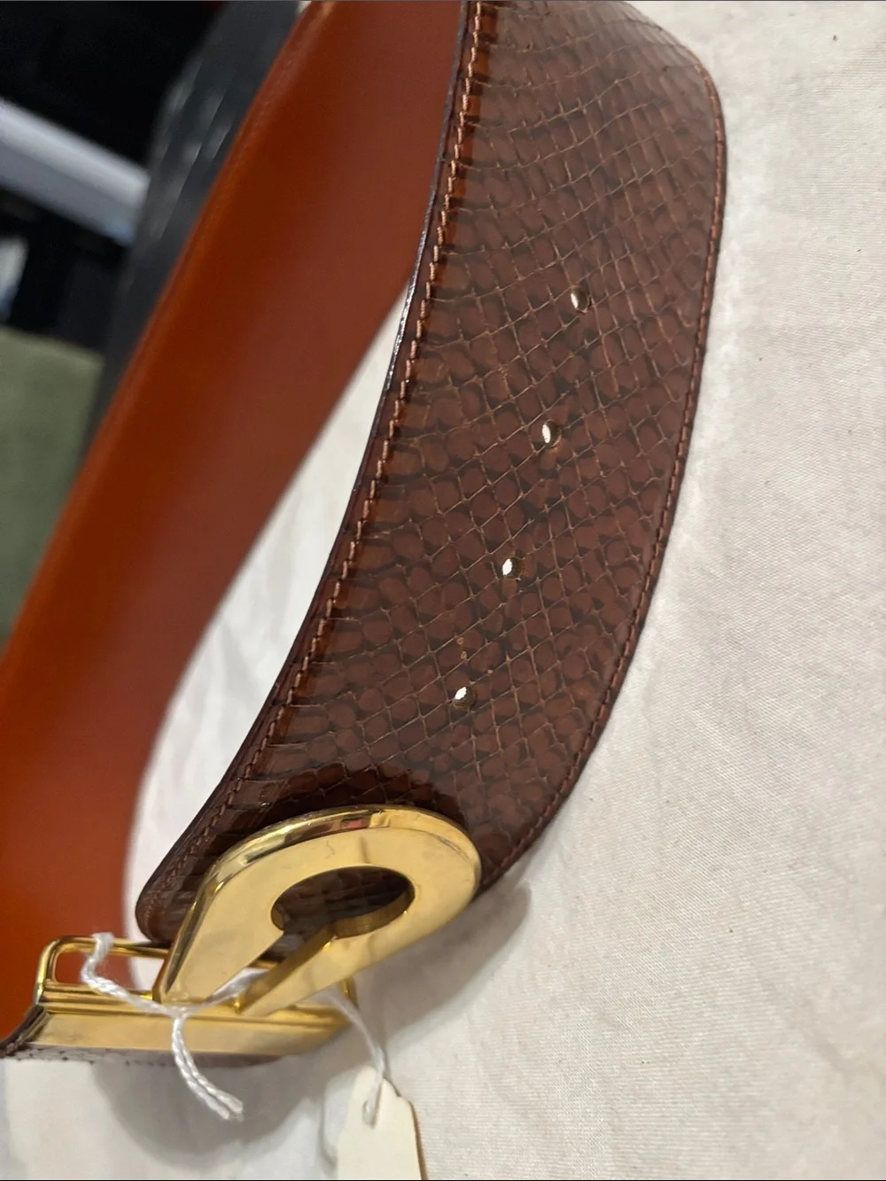 Women's Brown made in Italy Leather snakeskin Belt with Gold-Tone Loop Buckle